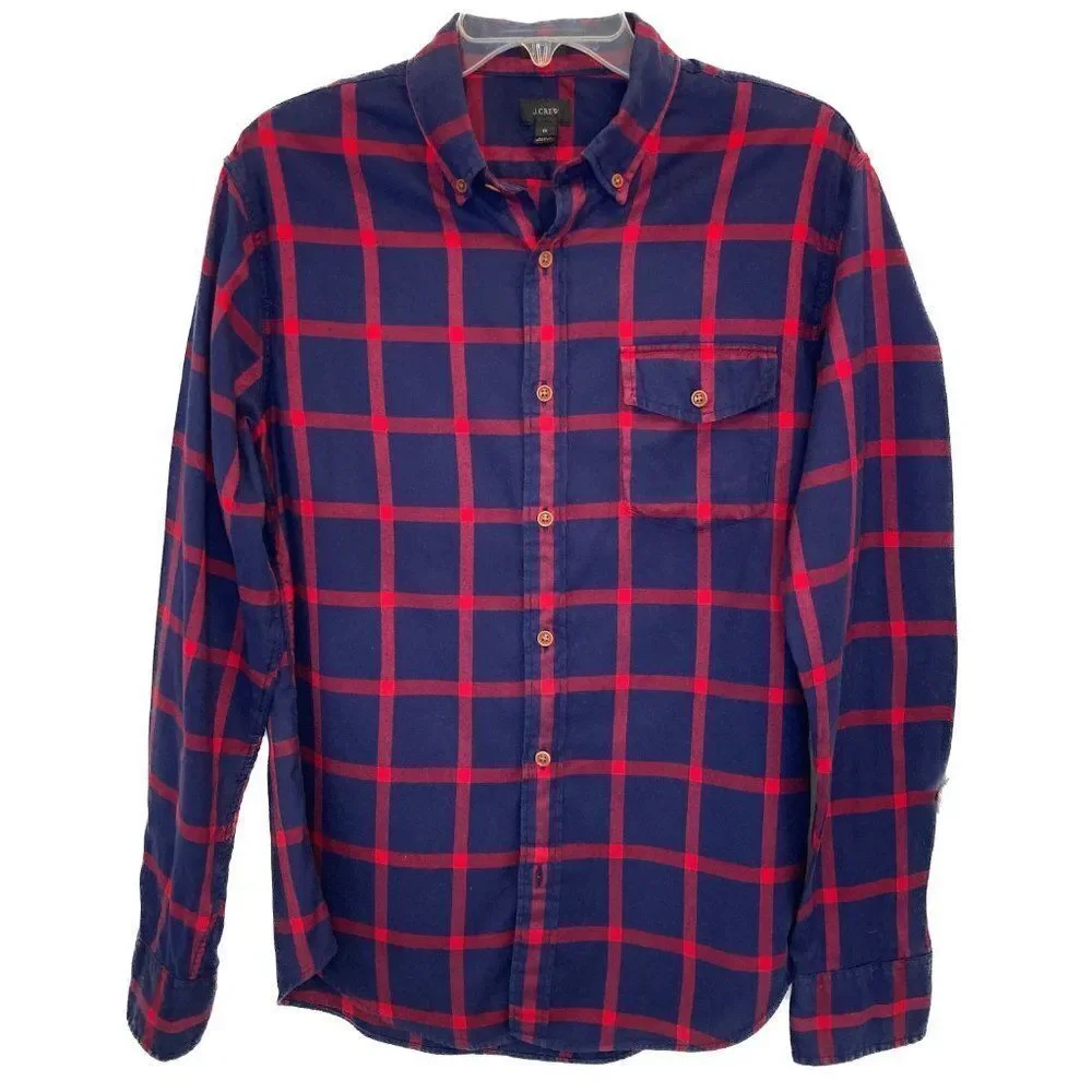 J. Crew Red Navy Kory Check Brushed Twill Cotton Shirt Size Medium